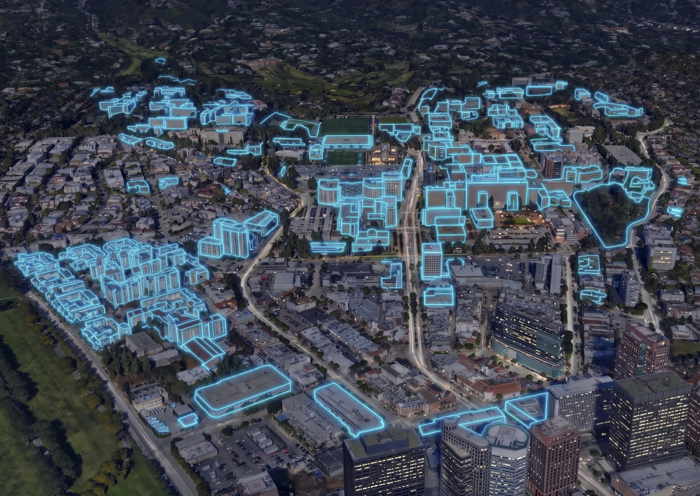 UCLA campus map in night mode with NYA buildings outlined